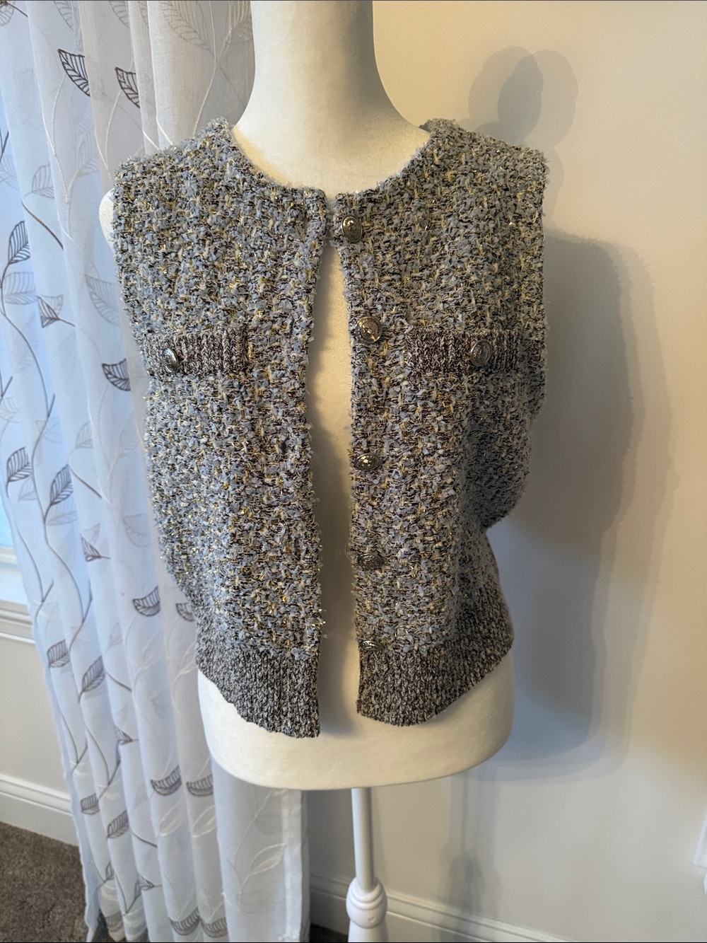 WHBM Blue, Brown and Cream Bouclé Tweed Vest with Metallic Thread